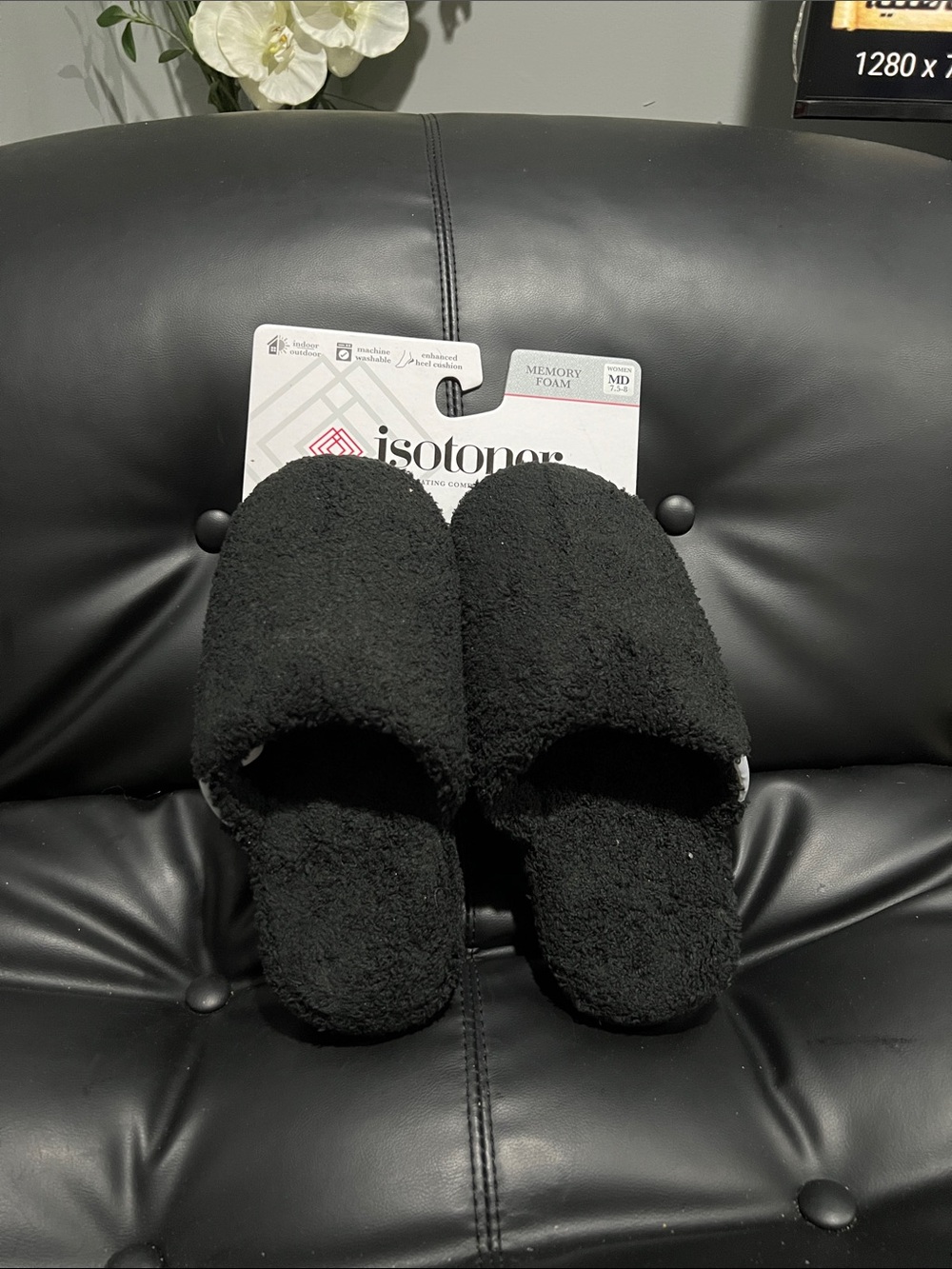 isotoner Black Fuzzy Open-Back Memory Foam Slippers